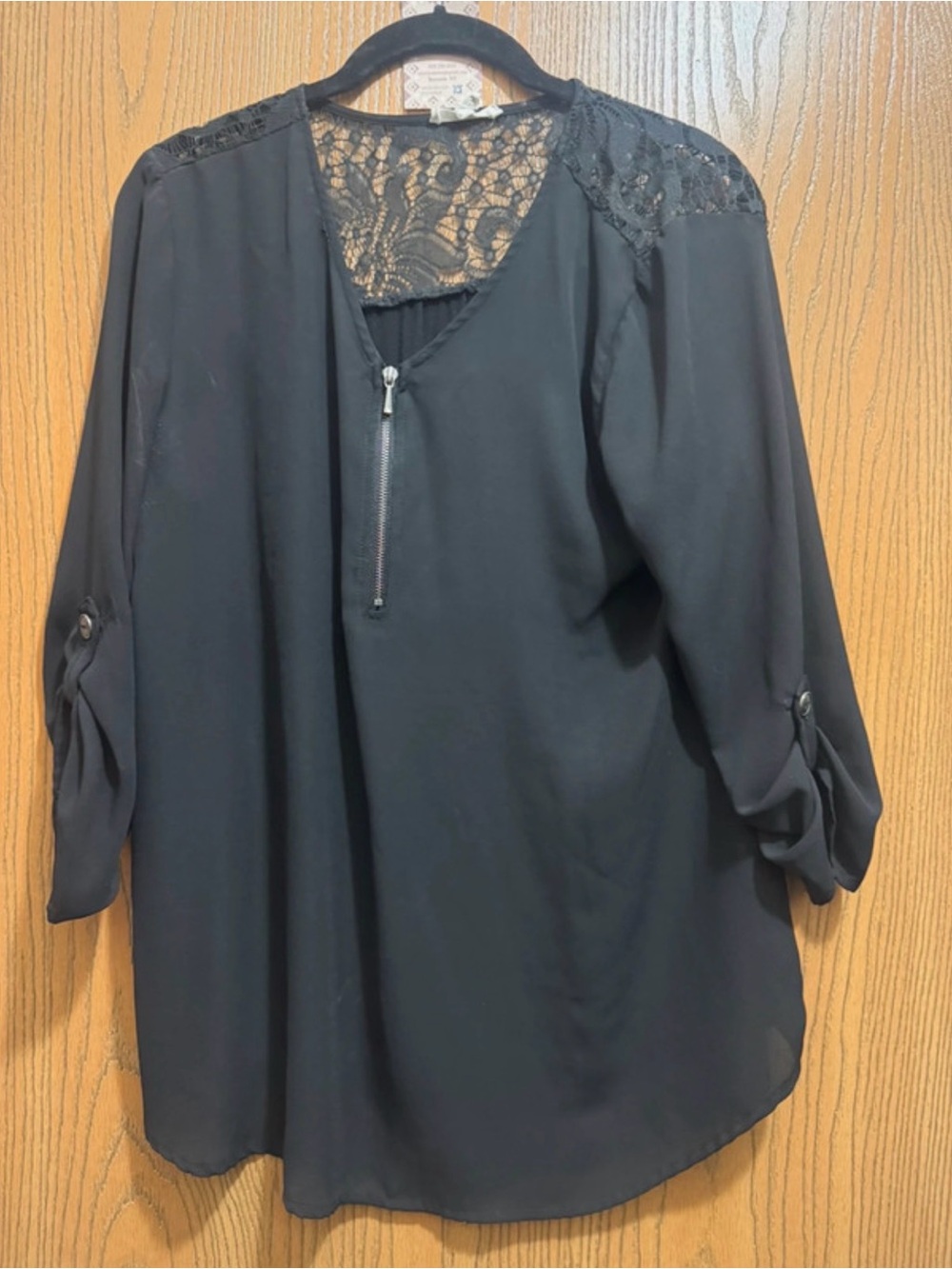 Maurices Black Lace-Yoke Tunic with Front Zip